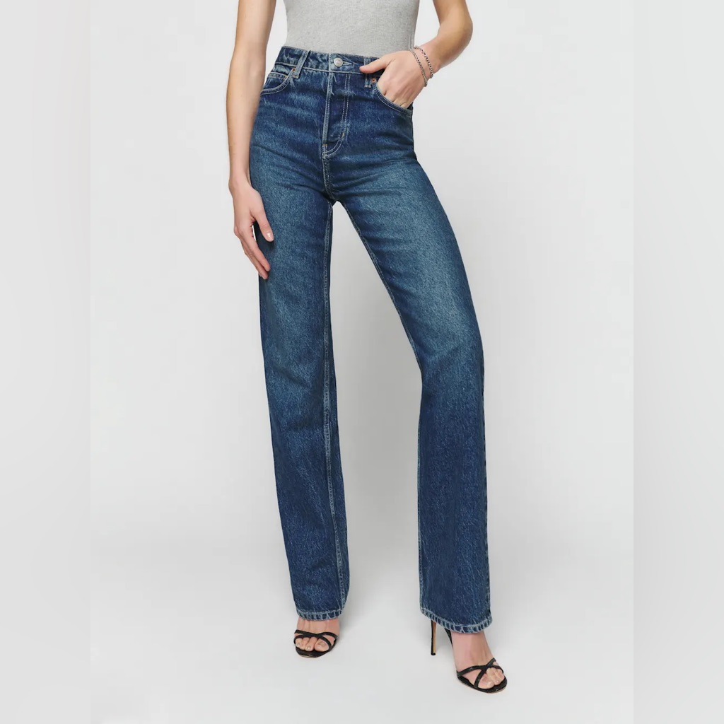 Reformation Cynthia High-Rise Straight Leg Jeans - Dark Blue Wash